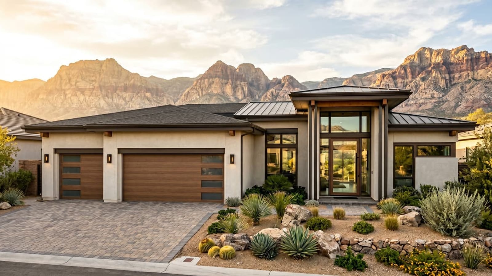 Illustration of a single-story desert contemporary home with a three-car garage, paver driveway and cactus landscaping beneath red and tan sandstone cliffs at golden hour