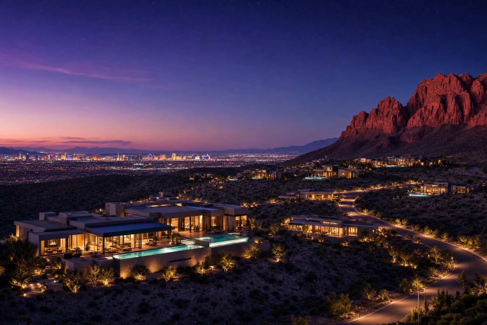 Night view of luxury Summerlin homes with city lights and mountain backdrop