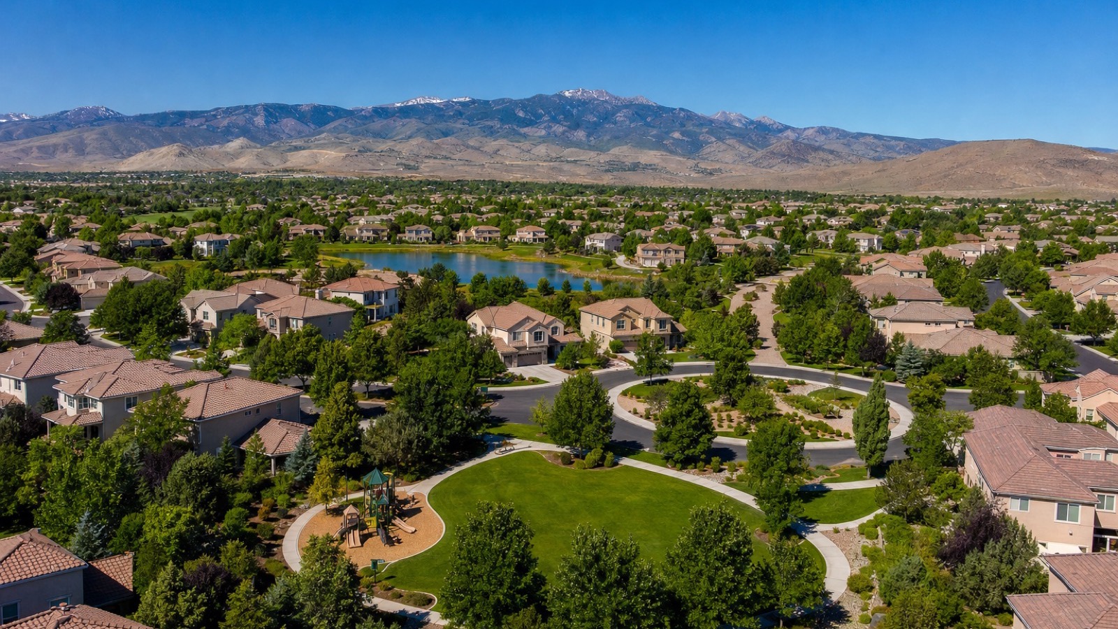 Aerial view of the Damonte Ranch master plan in south Reno Nevada, home to the Toll Brothers Regency and Regency at Presidio age-qualified neighborhoods