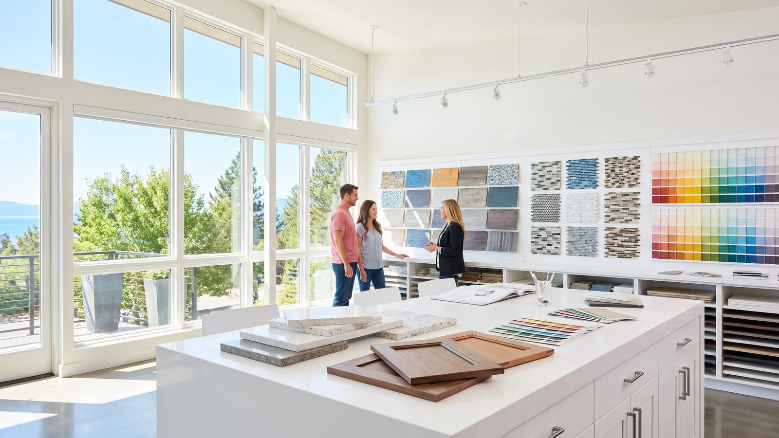 Couple reviewing countertop and cabinet samples with a designer in a bright Reno home builder design center showroom