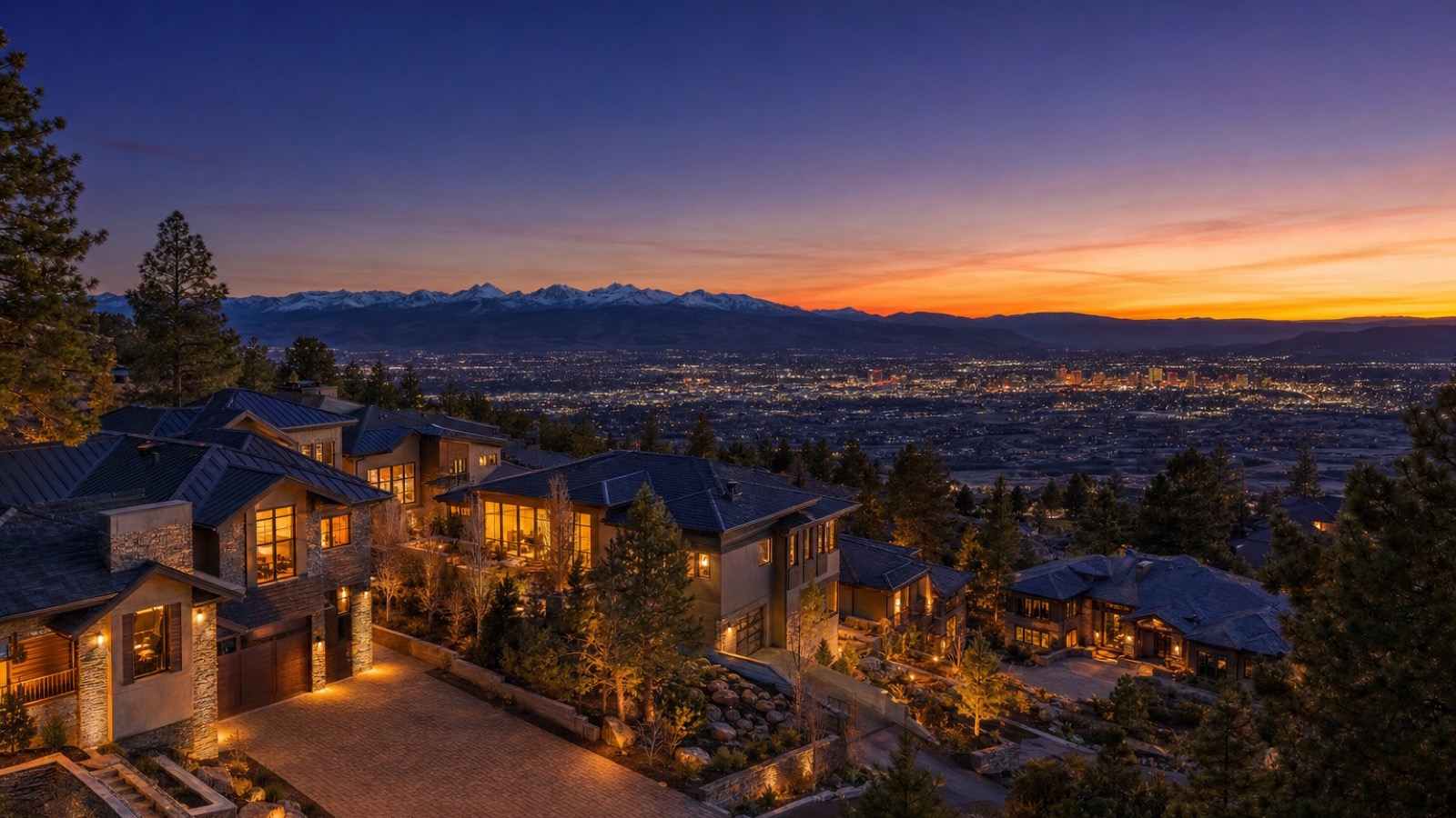 Reno hillside neighborhood at twilight against the foothills, where wildfire exposure raises the homeowners insurance prepaid at closing