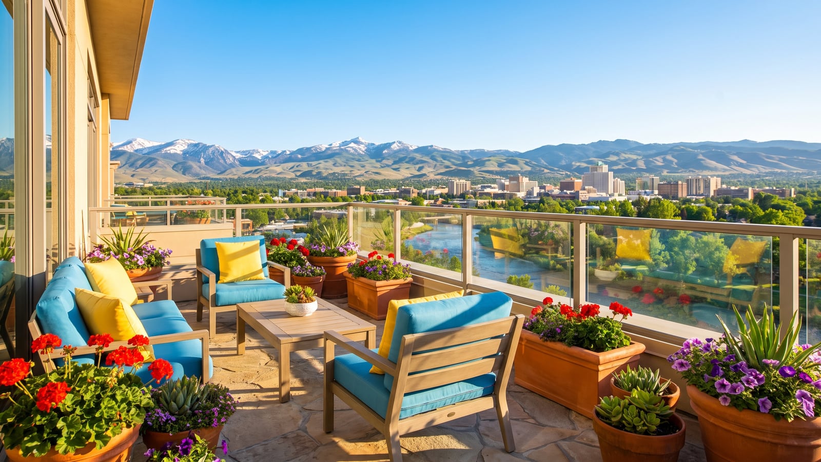 Sunny private Reno condo balcony with outdoor furniture and potted flowers overlooking the city skyline and snow-capped Sierra Nevada mountains