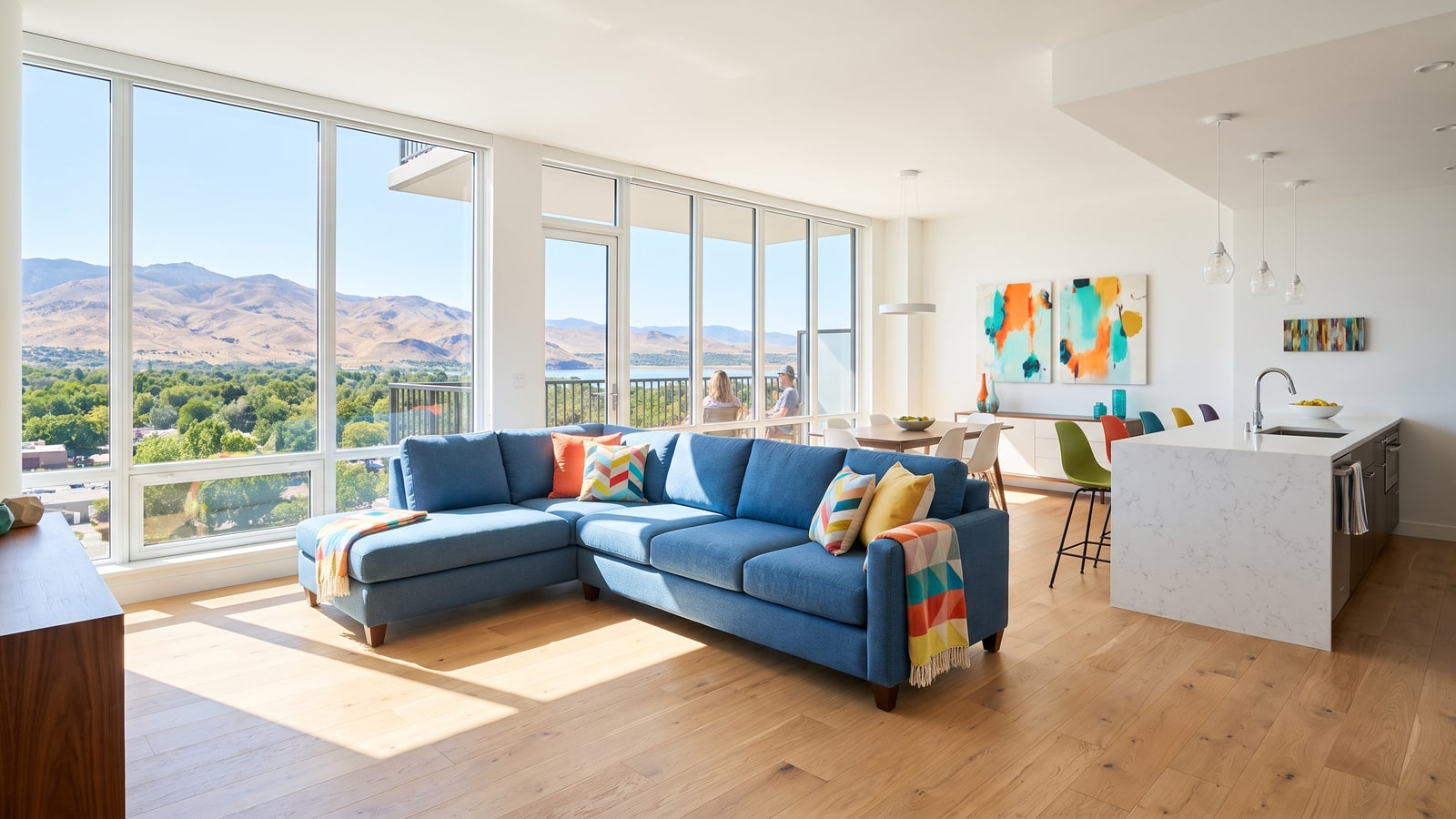 Bright airy open-plan Reno condo interior with sunlit living room, light wood floors, and mountain views through floor-to-ceiling windows