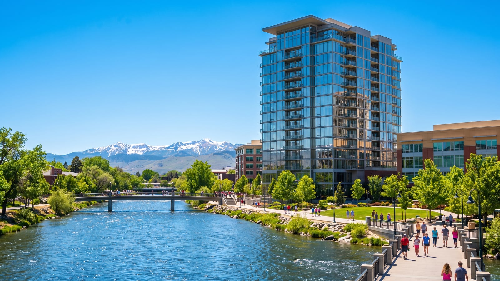 Sunny downtown Reno riverfront with a modern glass condo high-rise tower beside the Truckee River and snow-capped Sierra Nevada mountains