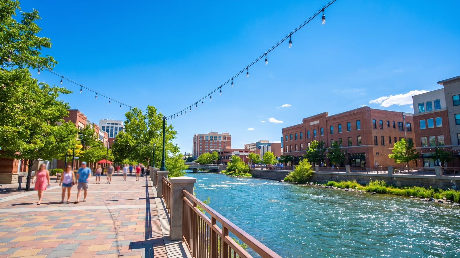 Truckee River Walk in downtown Reno Nevada on a bright summer day, a top demand driver for short-term rentals near the city core
