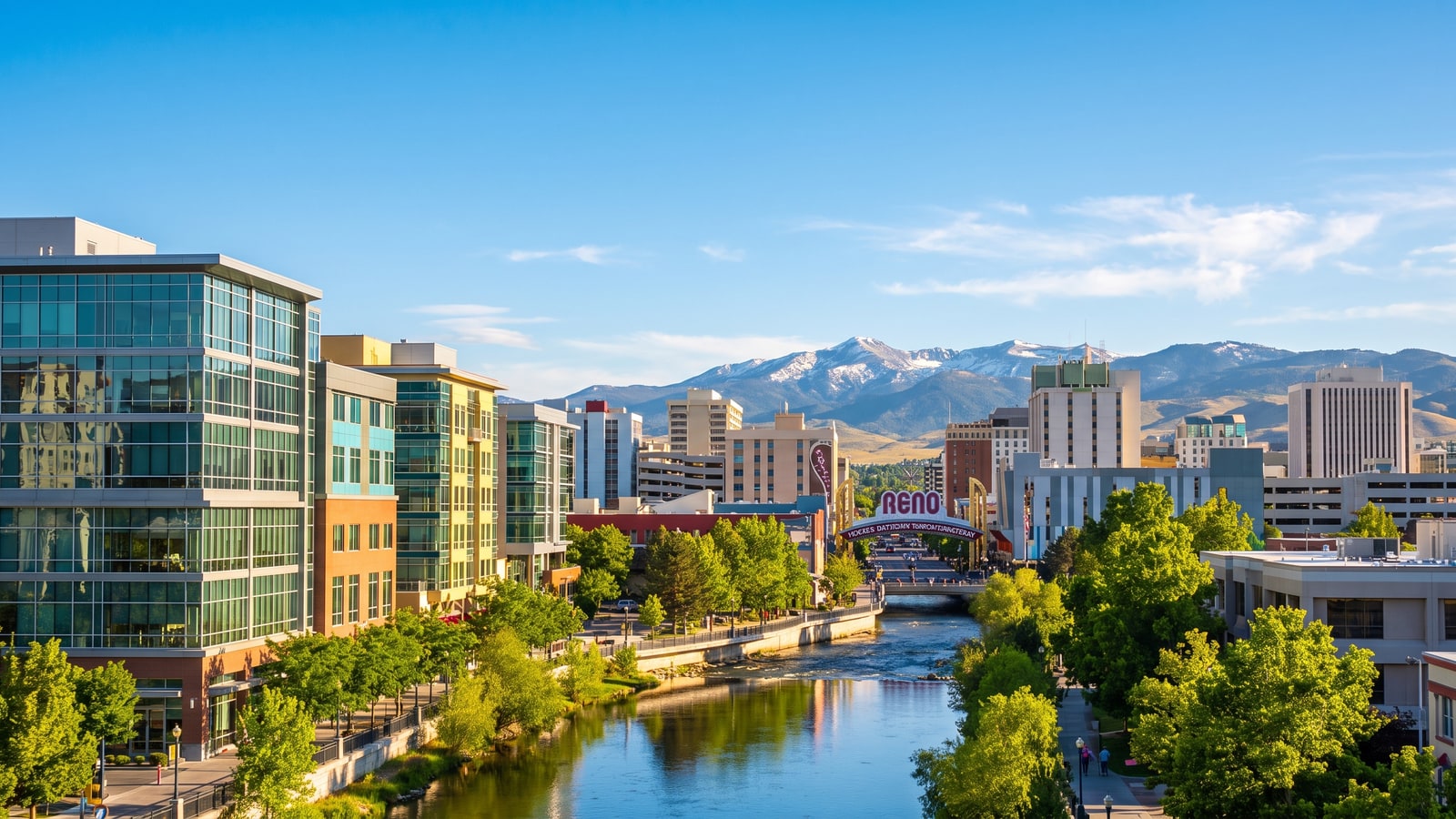 Sunny downtown Reno Nevada skyline with modern buildings, the Truckee River, and snow-dusted Sierra Nevada mountains in the background