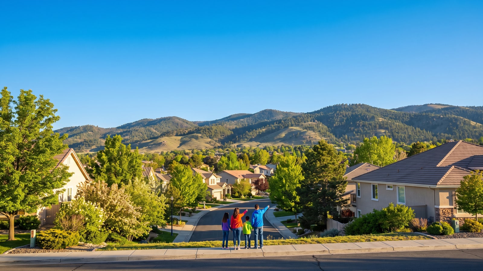 Family standing in a sunny south Reno neighborhood looking toward the green pine-forested Mount Rose foothills while choosing between Damonte Ranch and Galena Forest