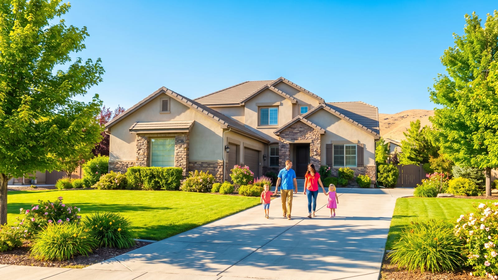 Young family walking up to a Reno Nevada suburban home for a tour on a bright sunny day