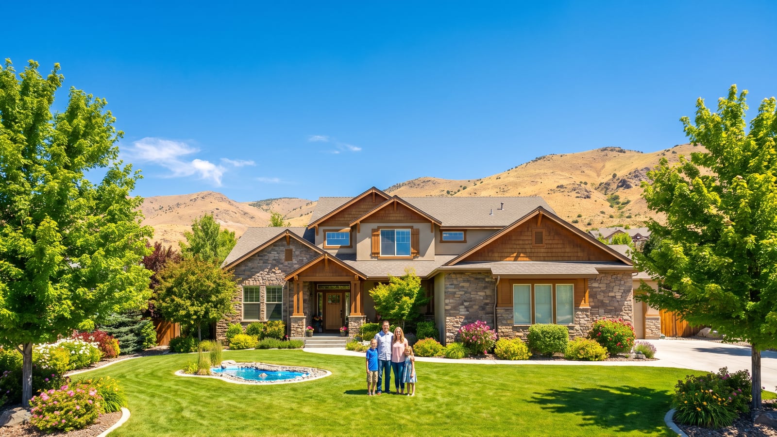 Family standing in front of a comfortable South Reno family home with green lawn and Sierra foothills, illustrating the choice between family value and luxury in Reno