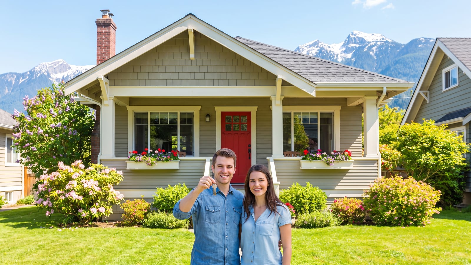 Young couple holding keys in front of their first Reno Nevada home with snow-capped Sierra Nevada mountains behind