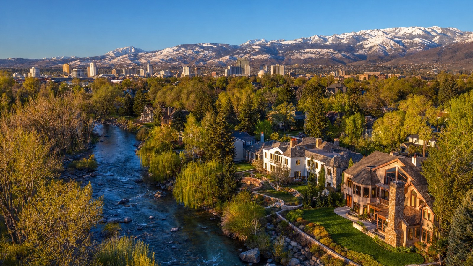 Aerial view of the Truckee River corridor through central Reno near Midtown, ZIP 89502, the largest small multifamily submarket in Northern Nevada