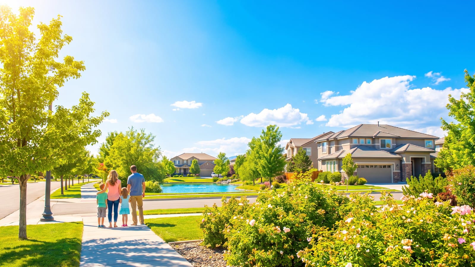 Young family walking a sunny south Reno sidewalk comparing homes in Damonte Ranch and South Meadows under a blue sky
