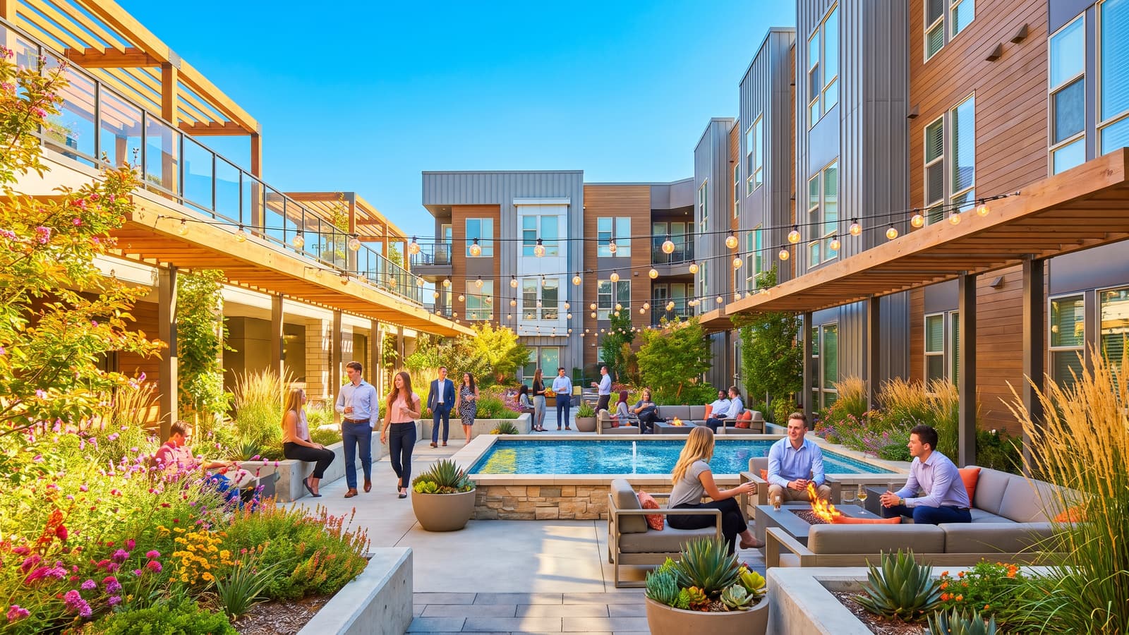 Sunny courtyard of a modern Midtown Reno condominium with string lights, patio seating, and young professionals