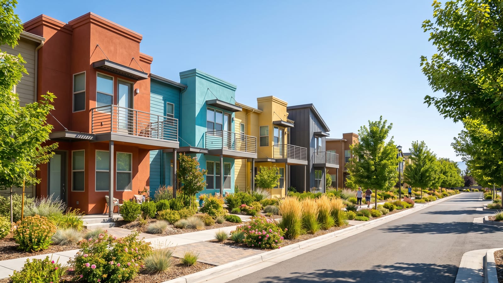 Bright sunny row of modern two-story townhomes with colorful facades and balconies on a tree-lined Midtown Reno street