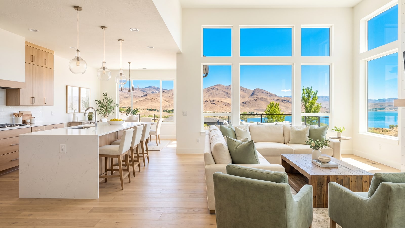 Bright model home great room in a new Reno construction community with quartz kitchen island and mountain views through large windows