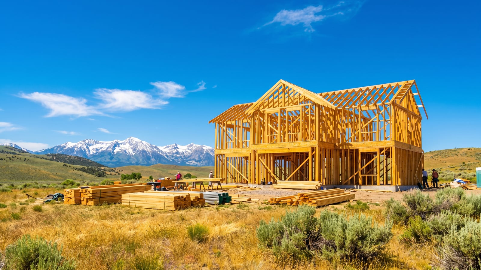 Timber framing of a new two-story home under a blue sky in the Reno Nevada foothills with snow-capped Sierra peaks behind