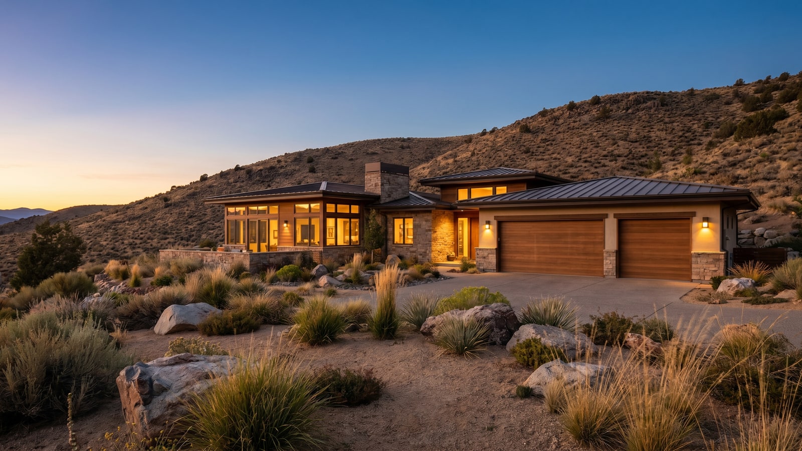 A welcoming newer home lit at dusk in a Reno, Nevada hillside neighborhood with the Sierra Nevada behind