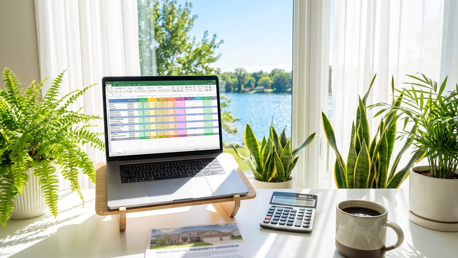 Bright home office desk with a laptop showing a colorful rental cash-flow spreadsheet, calculator, coffee, and a Reno rental property document