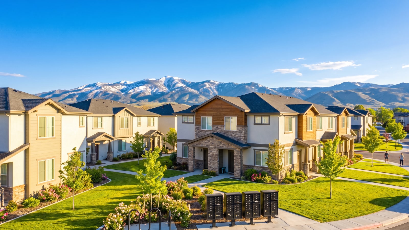 Sunny Reno Nevada small multifamily fourplex and rental townhomes with green landscaping and Sierra Nevada mountains behind