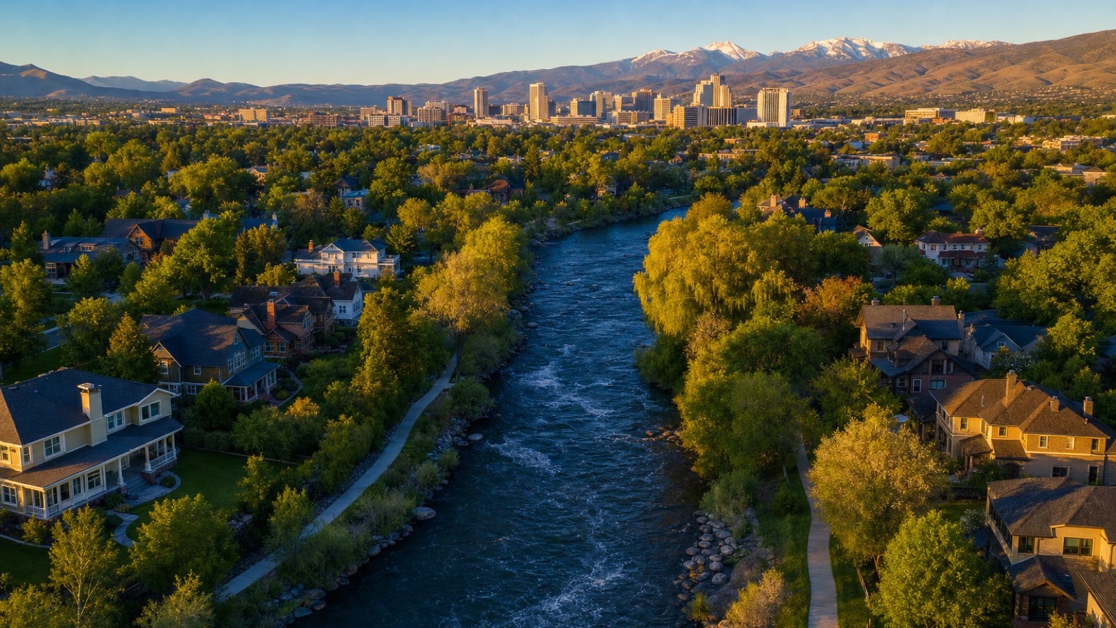 Aerial view of the Truckee River flowing toward the downtown Reno skyline at sunset with the Sierra Nevada beyond
