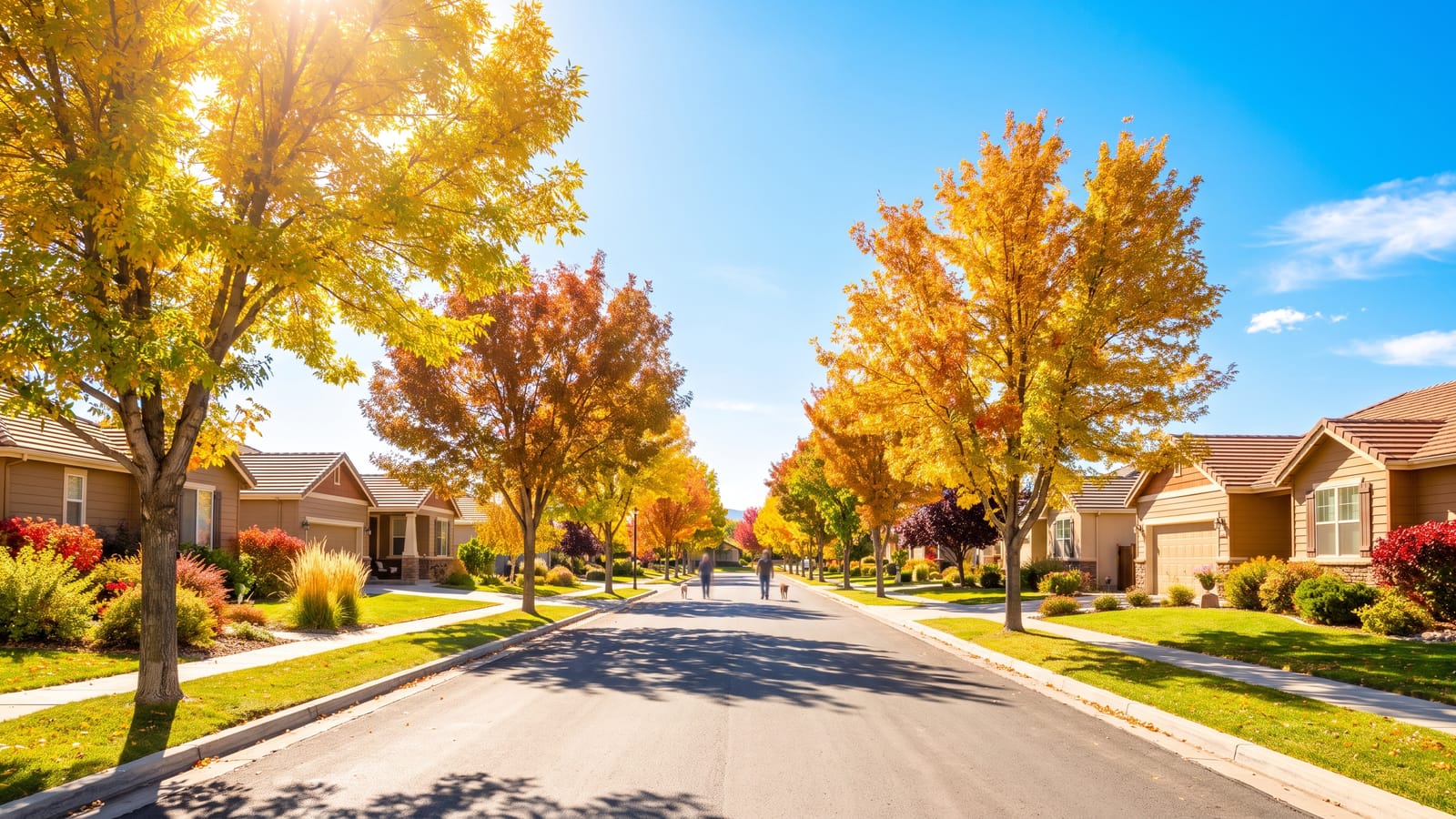 Tree-lined Reno starter-home street in bright autumn color with tidy single-story ranch houses and blue sky