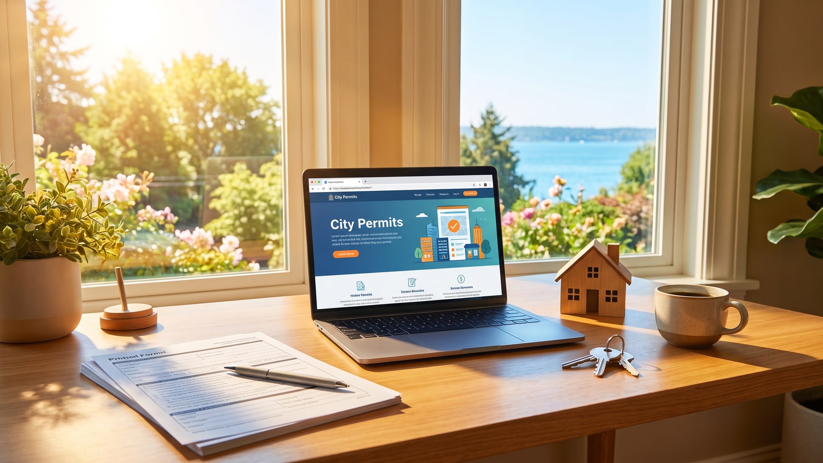 Short-term rental permit application paperwork and laptop on a sunny desk, representing the re-permitting process every Washoe County STR buyer faces after closing