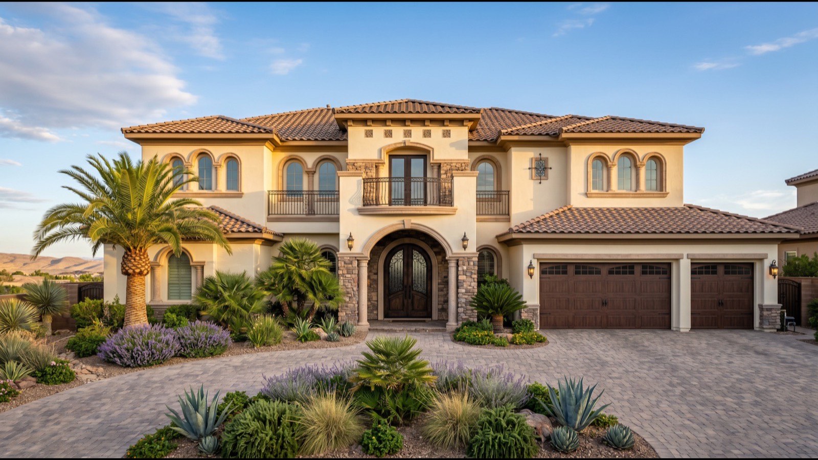 Front exterior of a Las Vegas single-family home at dusk, the kind of listing rent-to-own searchers hope to lease with an option to buy