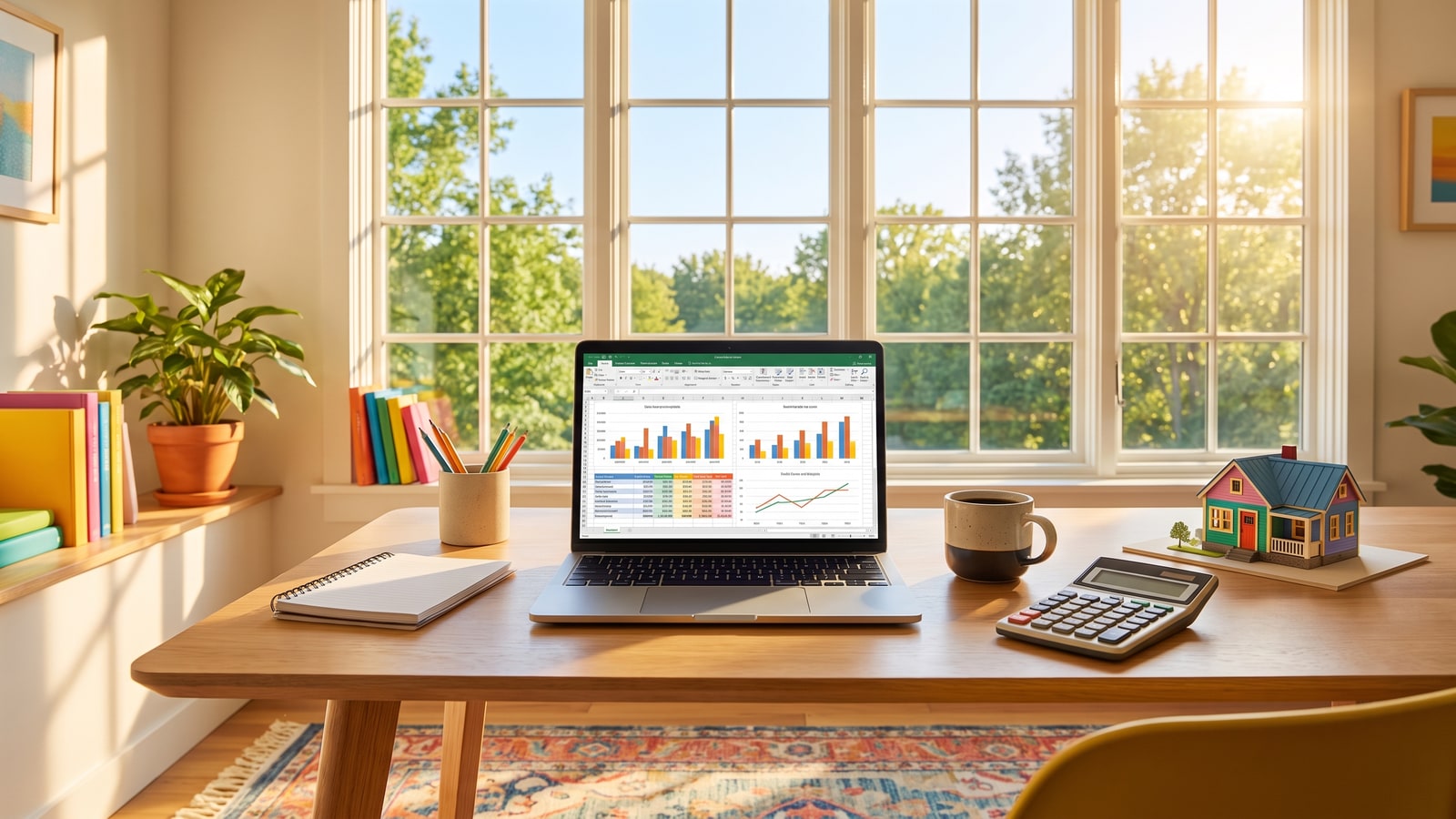 Laptop with a colorful rental property cash flow spreadsheet beside coffee, calculator, and a model house on a bright desk — Henderson cap rate analysis
