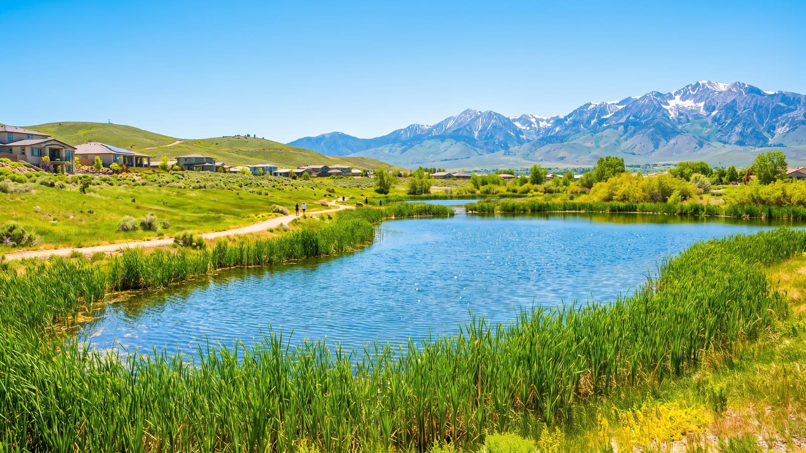 Rosewood Lakes wetlands beside Damonte Ranch in south Reno with green reeds, a blue pond, walking trail, and Sierra Nevada mountains in the distance