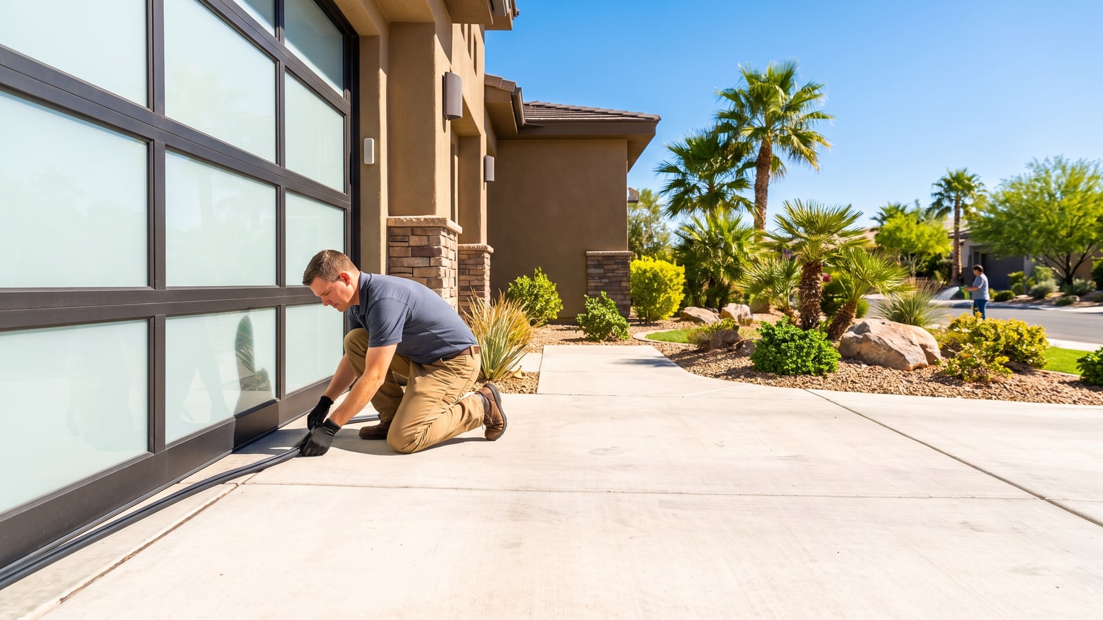 Homeowner installing a fresh garage door seal on a Las Vegas home to keep scorpions out in 2026
