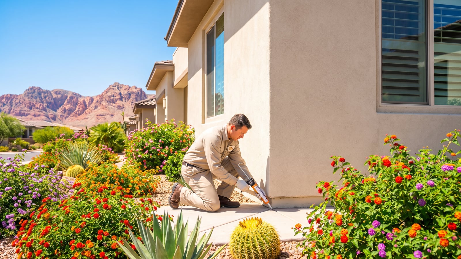 Pest technician sealing the exterior foundation of a Las Vegas home against scorpions in 2026