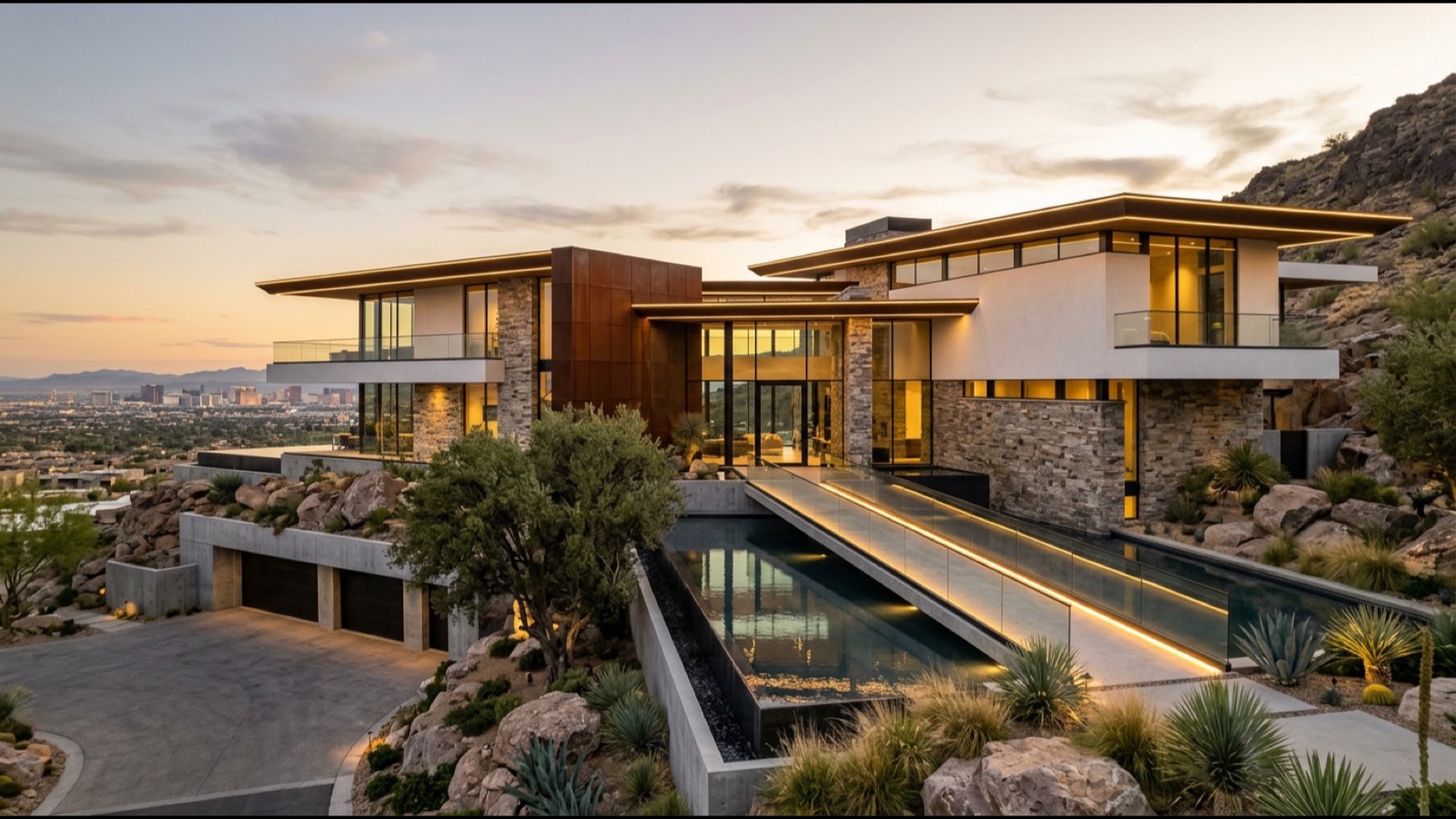Scotch 80s full-acre estate with circular driveway mature ficus and date palm canopy historic mid-century-modern architecture and gated entry pillar
