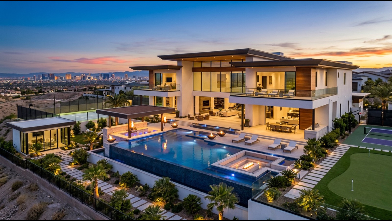 Scotch 80s contemporary modern tear-down rebuild custom estate with flat roof full-height glazing natural stone exterior and integrated pool deck at twilight