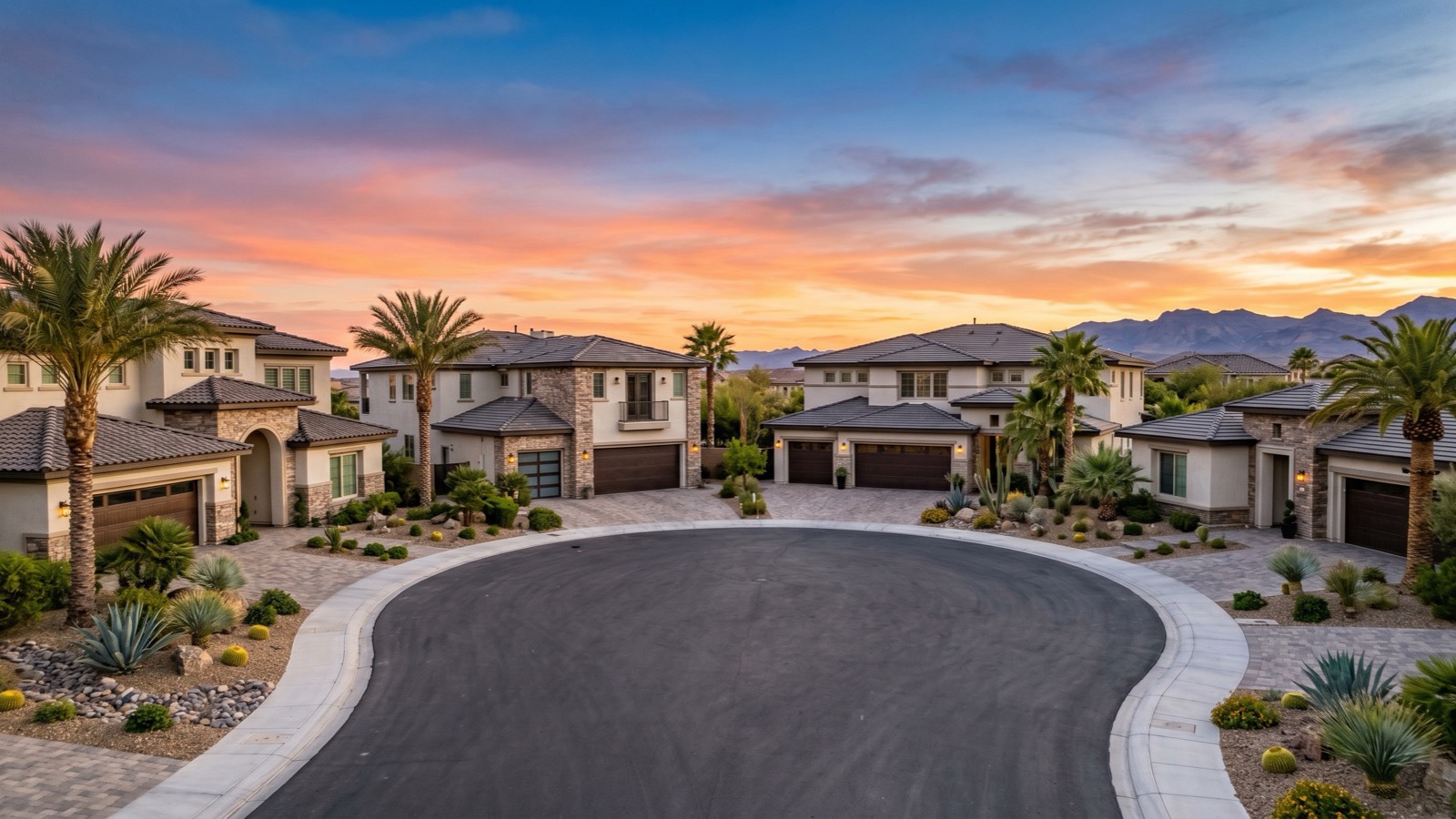 Cul-de-sac of two-story stucco homes with tile roofs, palm trees and desert landscaping in a Las Vegas association neighborhood at sunset