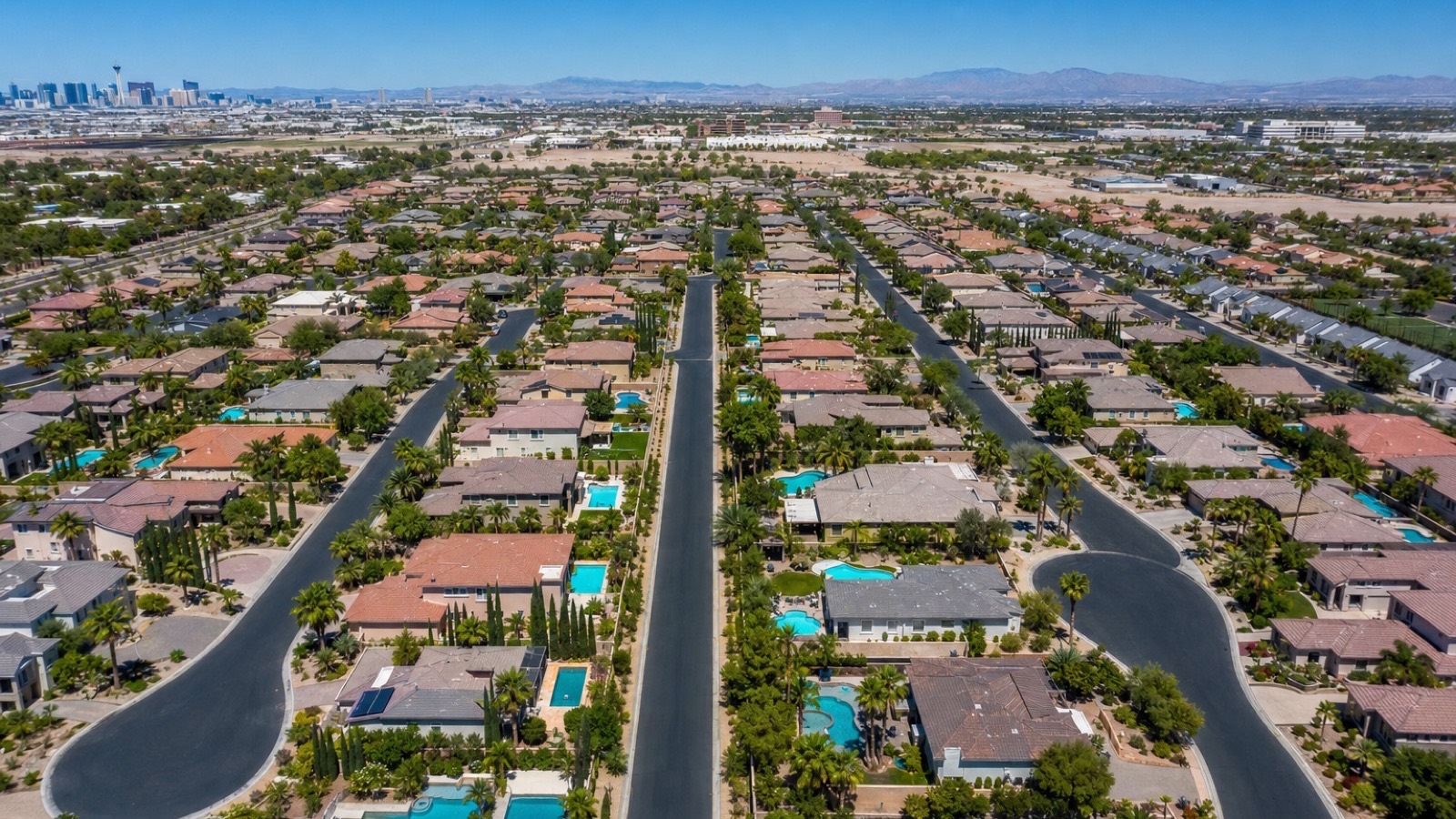 Overhead view of Las Vegas backyards with private swimming pools, the feature an FHA or VA appraiser checks for operation and structural soundness before a financed buyer can close