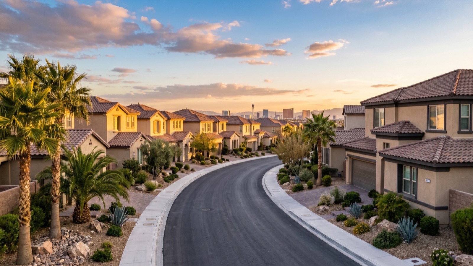 Row of two-story stucco homes with tile roofs on a curving Las Vegas street at sunset, illustrating the choice between listing as-is and accepting a cash offer