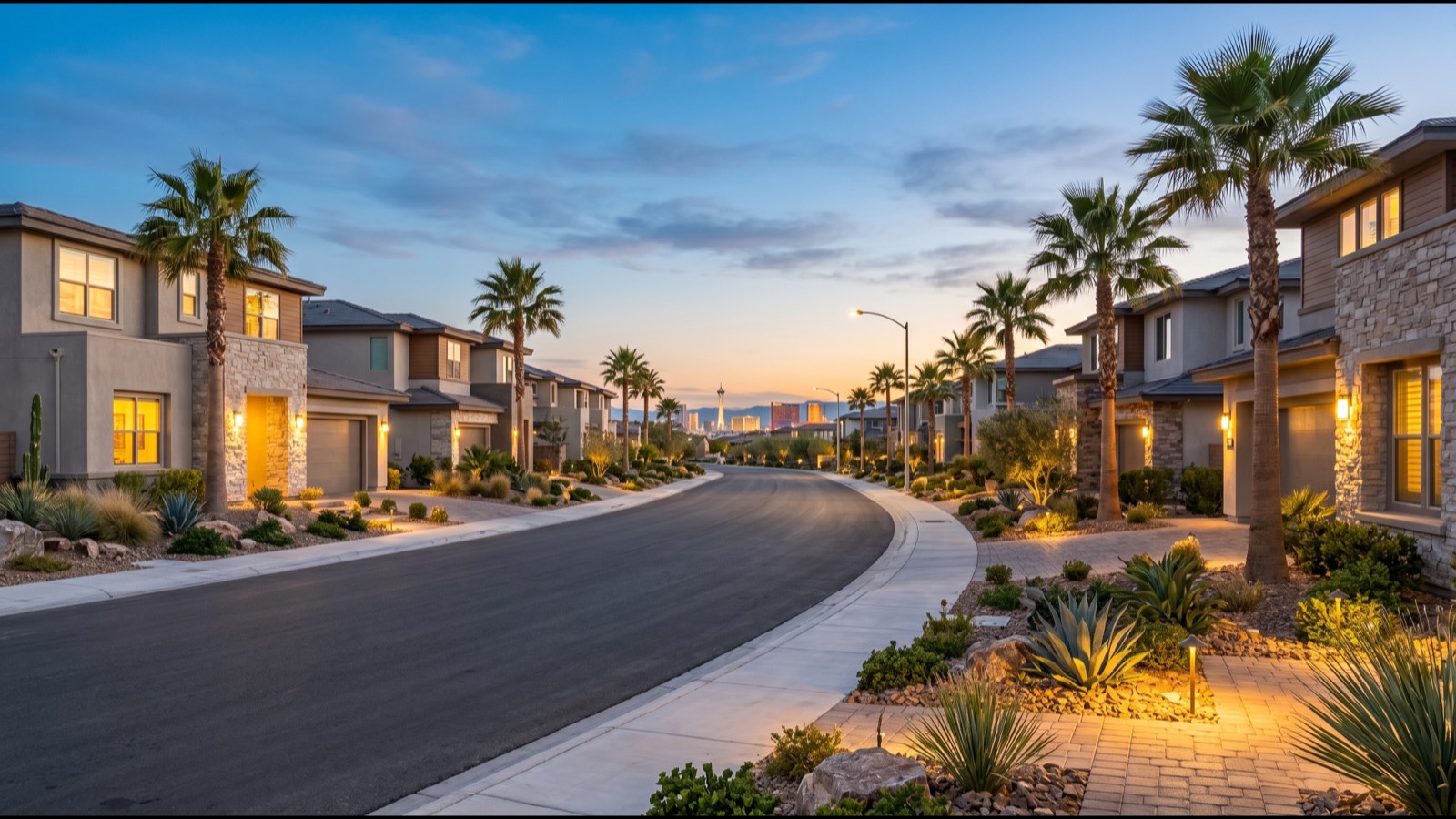Las Vegas residential street at dusk with the Strip glowing in the distance, illustrating seller timing and market conditions in 2026