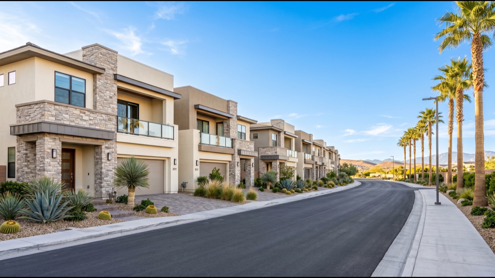 Las Vegas townhome community streetscape representing the condo and townhome segment where 1,068 homes sold at a $291,000 median in summer 2026