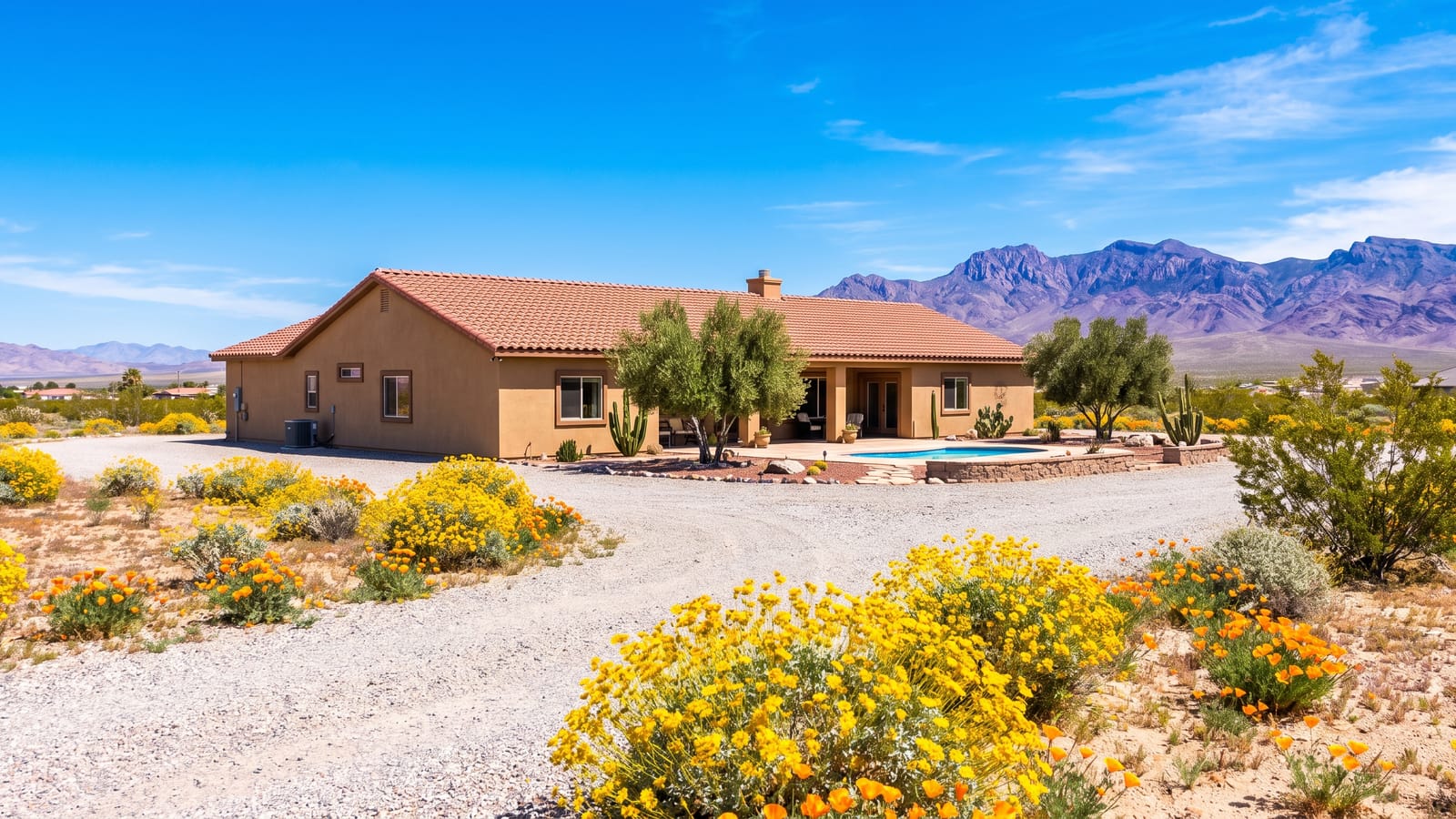 Home on an acre lot in Pahrump Nevada with desert landscaping, representing typical rural inventory in the local market
