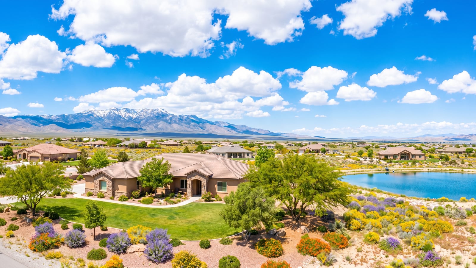 View across the Pahrump Valley showing rural residential properties on large lots against the surrounding Nevada mountains