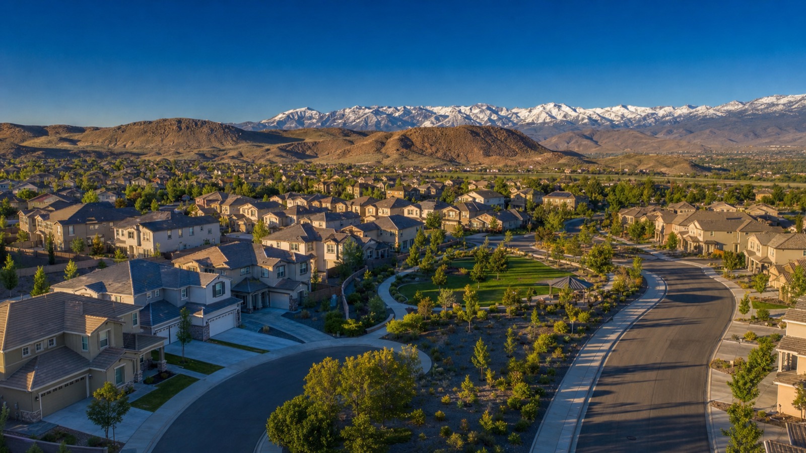 Aerial view of the Pioneer Meadows area of Sparks Nevada showing established master-planned residential streets