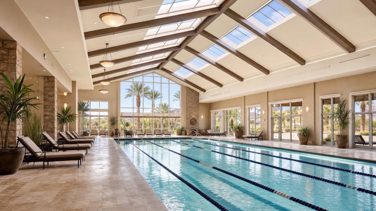 Indoor pool inside a Las Vegas 55+ community recreation center, part of what owners' dues fund in the valley's active-adult communities