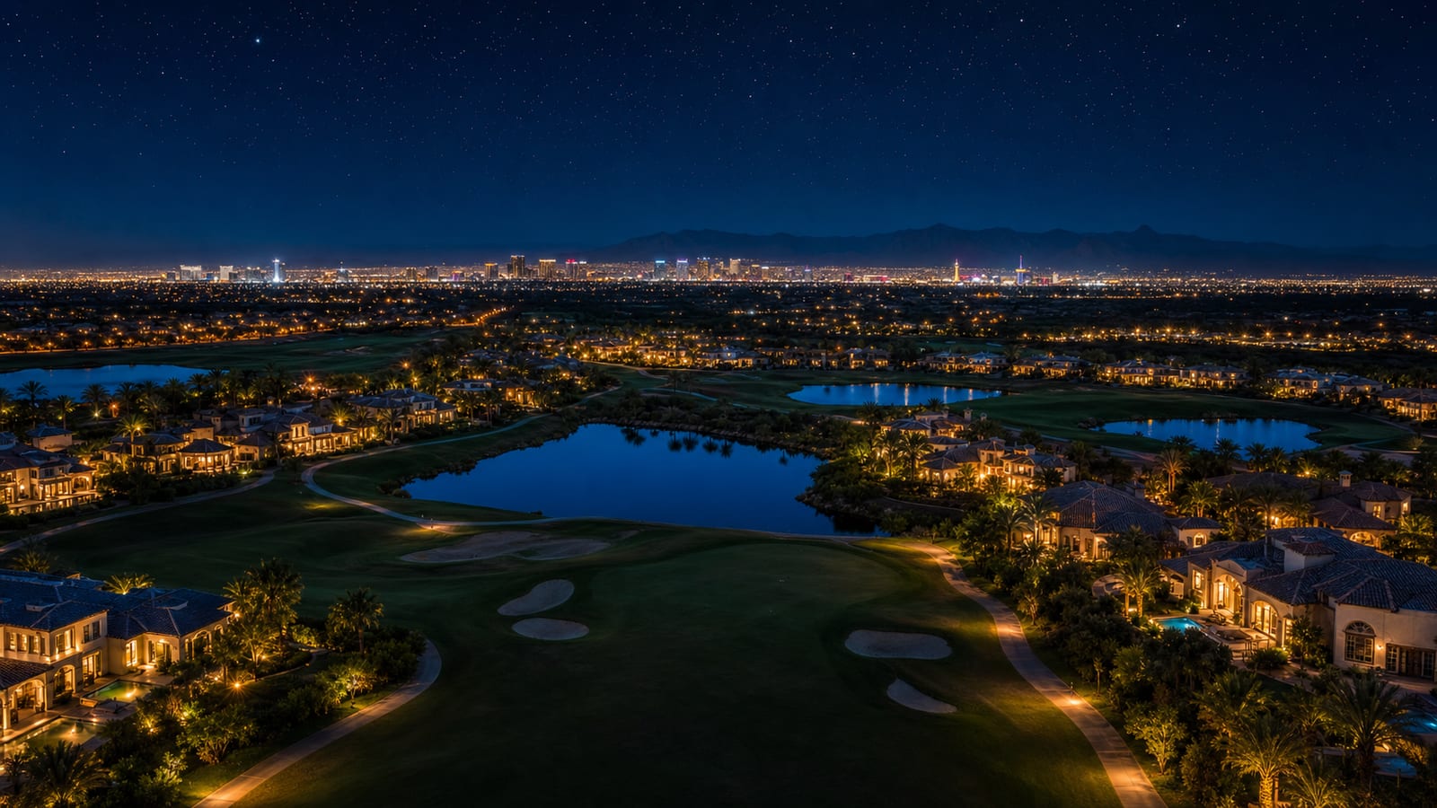 Seven Hills Las Vegas night view of golf community with Rio Secco fairways and residential homes