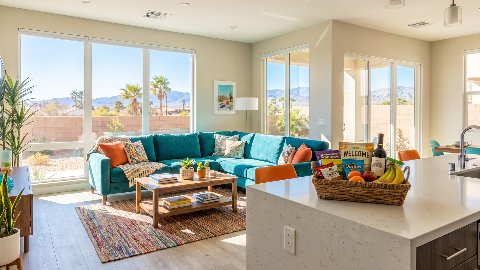 Furnished turnkey Las Vegas rental living room with a welcome basket, teal sectional, and mountain views in 2026