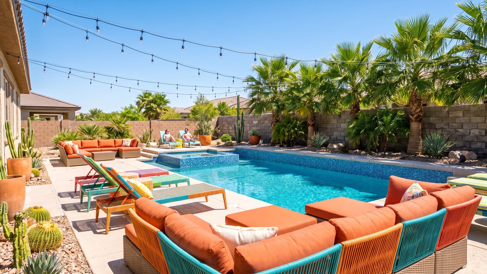 Henderson vacation rental backyard with a tiled pool, colorful loungers, and palm trees in 2026