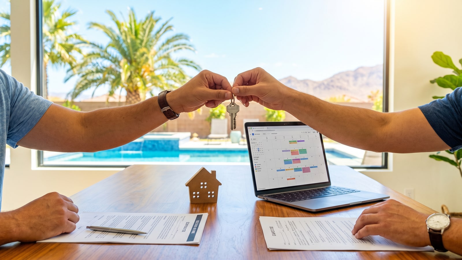 Buyer and seller exchanging keys over a Las Vegas short-term rental license file and booking calendar at closing in 2026