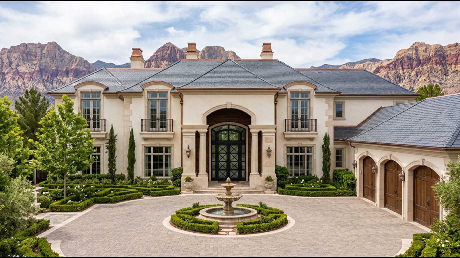 Silverstone Ranch Mediterranean-style fairway-frontage estate home with stucco façade barrel-tile roof and three-car garage backing the 18-hole golf course at golden hour