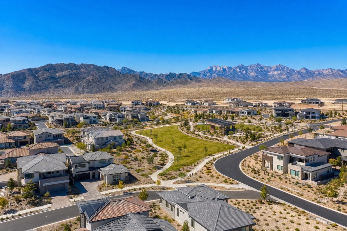 Skye Canyon master plan in northwest Las Vegas showing the newer 2015-plus production builds with larger lots and family-oriented amenities — community where RV-friendly NextGen-equipped floor plans are increasingly common