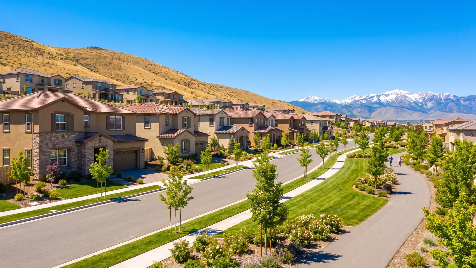 New hillside homes stepping up a golden foothill along a landscaped street in a northwest Reno master-planned community
