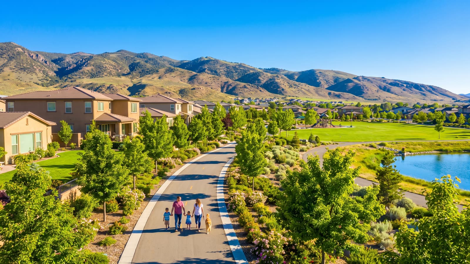 Family walking a paved trail past homes and a community park in South Reno with Sierra Nevada foothills behind